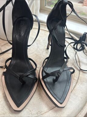 SCHUTZ Black Pointed Toe Lace-Up Heels with Beige Trim